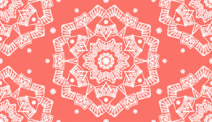 Ornamental Decoration Pattern. Endless Vector Background. Coral Color. Mandala Chalk Look
