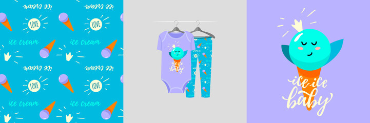 Seamless pattern and illustration for kid with sweet quote Ice ice baby. Cute design pajamas on hanger. Baby background for clothes, birthday decor, t-shirt print, wear fashion, invitation card