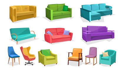 Home or office furniture in cartoon style isolated on white background. Vector sofas, armchairs and chairs set. Home interior colorful elements. © Microstocker.Pro