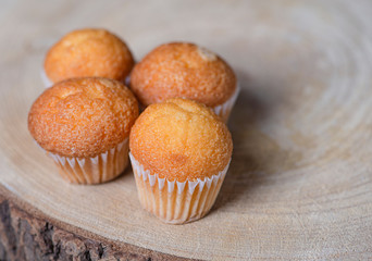 Close-up of cupcakes on wooden board. Sweets for breakfast. Copy space.