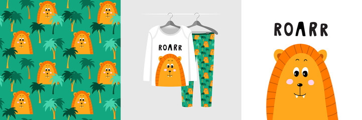 Seamless pattern and illustration for kid with lion, text Roar. Cute design pajamas on hanger. Baby background for clothes, room birthday decor, t-shirt print, wear fashion, invitation card, wrapping