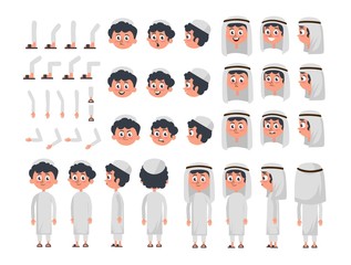 Arab boy character in flat style. Muslim boy with different facial expressions and moving arms and head. Arabic man wearing traditional clothing front, rear, side view.