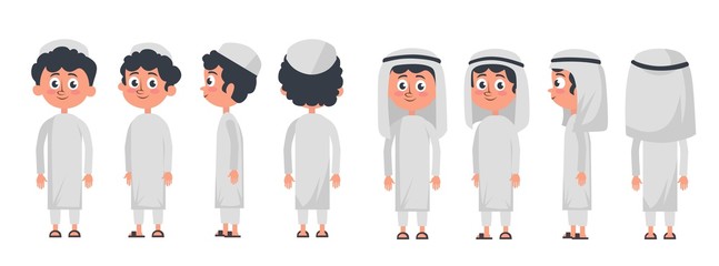 Arab muslim boy character isolated on white background. Muslim boy wearing traditional clothing front, rear, side view. Vector arab illustration in flat style. © Microstocker.Pro