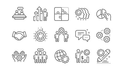 Employees benefits line icons. Business strategy, handshake and people collaboration. Teamwork, social responsibility, people relationship icons. Linear set. Vector