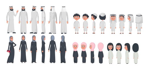 Arab muslim family characters isolated on white background. Muslim husband, wife and children wearing arabic clothing front, rear, side view. Vector illustration in flat style.