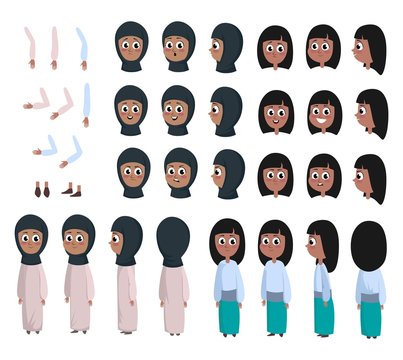 Arab Girl Character In Flat Style. Muslim Girl DIY With Different Facial Expressions And Moving Arms And Head. Arabic Girl Wearing Traditional Clothing Front, Rear, Side View.