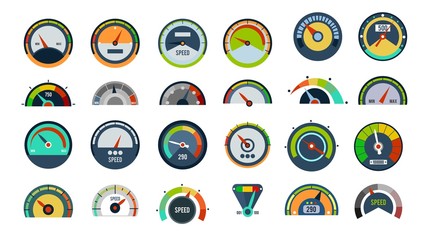 Speedometers vector collection with different style and signs. Customer loyalty and business score signs. Speed signs and icon set in flat style. Vector illustration