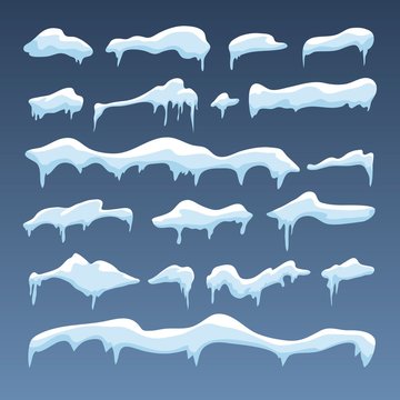 Snow caps collection. Cartoon snow caps set. Winter snowy elements in motion. Vector illustration