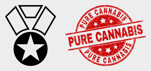 Vector star award icon and Pure Cannabis stamp. Red rounded scratched seal stamp with Pure Cannabis caption. Vector combination for star award in flat style. Black isolated star award icon.