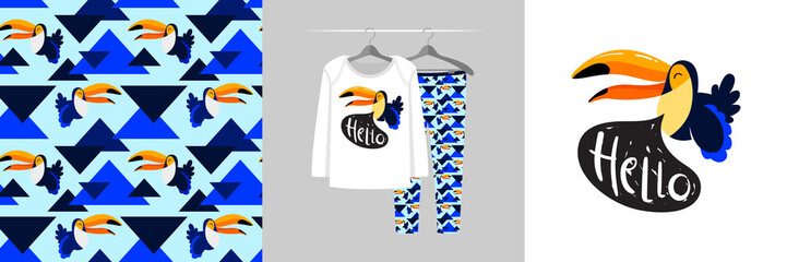 Obraz premium Seamless pattern and illustration set for kid with toucan, text Hello. Cute design pajamas on hanger. Baby background for clothes, room birthday decor, t-shirt print, wear fashion, invitation card