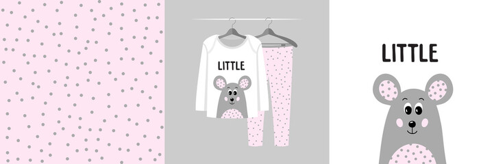 Seamless pattern and illustration set for kid with mouse, text Little. Cute design pajamas on hanger. Baby background for clothes, room birthday decor, t-shirt print, wear fashion, invitation card