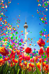 Berliner Fernsehturm with air balloons fly around © Sergey Novikov