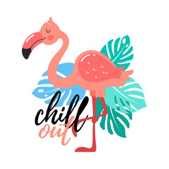 Illustration with palm leaves and flamingo. Cute design with tropical bird, baby background for clothes, room birthday decor, t-shirt print, kids wear fashion, baby shower invitation card, wrapping