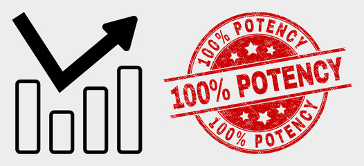 Vector graph chart icon and 100% Potency watermark. Red rounded distress watermark with 100% Potency text. Vector combination for graph chart in flat style. Black isolated graph chart icon.