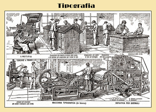 Typography table end 19th century from an Italian Lexicon with Italian explainations