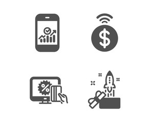 Set of Smartphone statistics, Online shopping and Contactless payment icons. Innovation sign. Mobile business, Black friday, Financial payment. Crowdfunding.  Classic design smartphone statistics icon