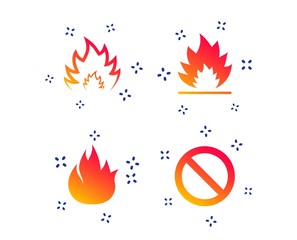 Fire flame icons. Prohibition stop sign symbol. Random dynamic shapes. Gradient fire icon. Vector