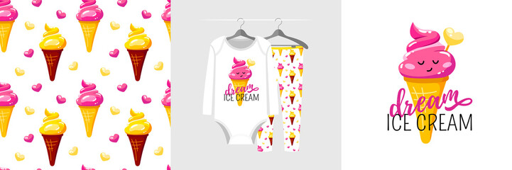Seamless pattern and illustration for kid with popsicle, text Dream ice cream. Cute design pajamas on hanger. Baby background for fashion clothes wear, room decor, t-shirt print, baby shower, wrapping