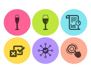 Champagne glass, Survey check and Wineglass icons simple set. Checkbox, Report and Seo target signs. Winery, Correct answer. Business set. Flat champagne glass icon. Circle button. Vector