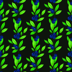Vector floral seamless pattern. Vertical branches of blueberries with leaves on dark background. Design for fabrics, wallpapers, textiles, web design.