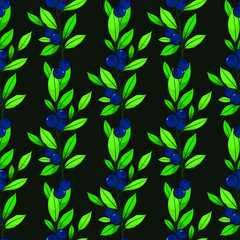 Vector floral seamless pattern. Vertical branches of blueberries with leaves on dark background. Design for fabrics, wallpapers, textiles, web design.