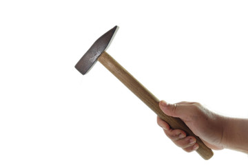 Hammer and hand with white background. Closeup hammer and hand. 