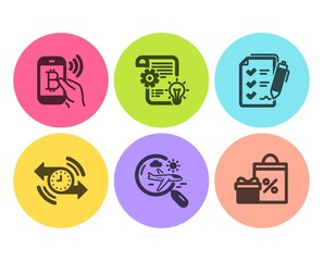 Search flight, Cogwheel and Bitcoin pay icons simple set. Timer, Survey checklist and Shopping signs. Airplane trip, Idea bulb. Business set. Flat search flight icon. Circle button. Vector