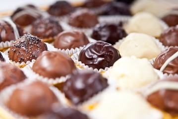 mixed white, brown and dark selfe made chocolate praline