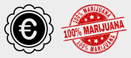 Vector euro award pictogram and 100% Marijuana stamp. Red round scratched stamp with 100% Marijuana caption. Vector composition for euro award in flat style. Black isolated euro award pictogram.