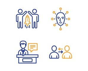 Face biometrics, Exhibitors and Partnership icons simple set. Communication sign. Facial recognition, Information desk, Business startup. Users talking. People set. Linear face biometrics icon