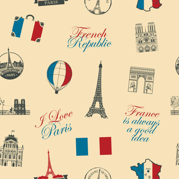 Vector seamless pattern on France and Paris theme with inscriptions, architectural landmarks and flag of French Republic in retro style. Can be used as background, wallpaper, wrapping paper or fabric