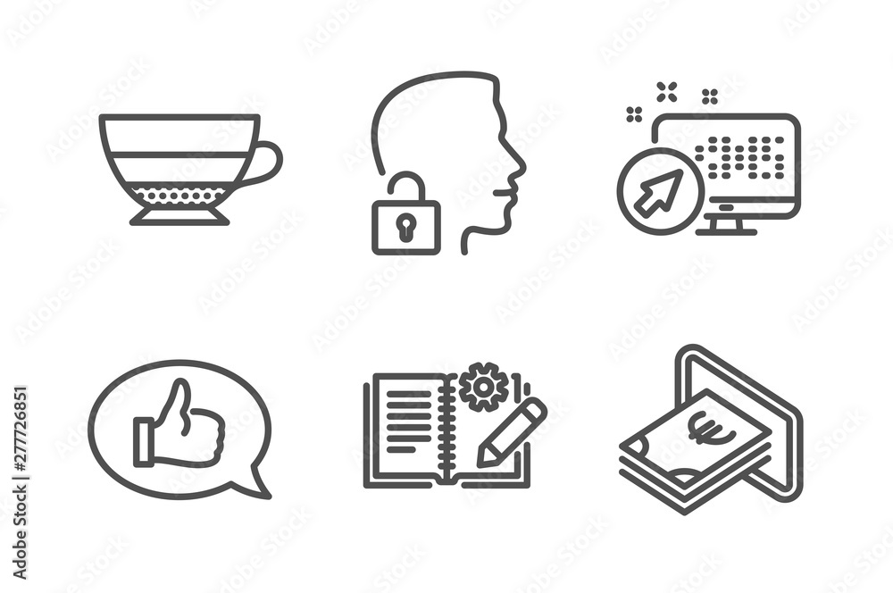 Aufkleber unlock system, engineering documentation and americano icons simple set. feedback, web system and ca