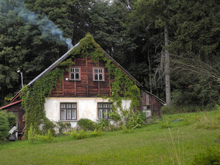 Beautiful two-storied eco cottage with chimney in the forest. Old wooden double decker house overgrown with ivy in the quiet place.