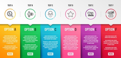 Currency audit, Star and Faq icons simple set. Cogwheel, Face recognition and Business portfolio signs. Money chart, Best rank. Science set. Infographic template. 6 steps timeline. Business options