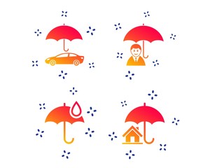 Life, Real estate or Home insurance icons. Umbrella with water drop symbol. Car protection sign. Random dynamic shapes. Gradient insurance icon. Vector