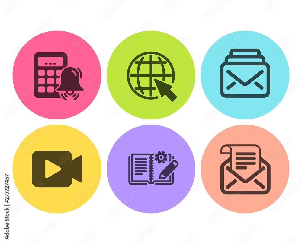 Poster mail, engineering documentation and calculator alarm icons simple set. internet, video camera and ma