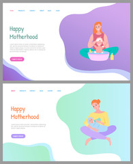 Happy motherhood, mother sitting and bathing child in tub, smiling kid with rising hands. Mom feeding newborn with bottle, parent caring vector. Website or webpage template, landing page flat style
