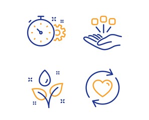 Cogwheel timer, Plants watering and Consolidation icons simple set. Update relationships sign. Engineering tool, Water drop, Strategy. Refresh love. Linear cogwheel timer icon. Colorful design set