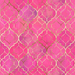 Fototapeta premium Watercolor abstract geometric seamless pattern. Arab tiles. Kaleidoscope effect. Watercolor mosaic
