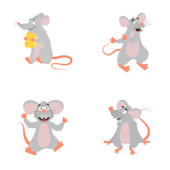 Cute grey mouse set of icons for presents, invitation, children room, nursery decor, interior design. Funny rodent character in different situations. Vector Illustration