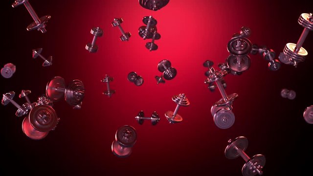 Flying dumbbells in red lighting. Red background. Animation is seamlessly looped. Contains alpha channel.