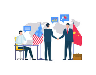 People from us and china representatives vector, men shaking hands, bosses with flags of country. Person sitting by table typing info on laptop flat style. Business betwen USA and China