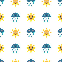 Seamless pattern with smile sun and sad cloud. Pixel art background, cartoon vector illustration.