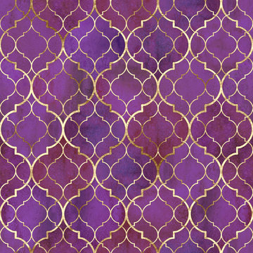Fototapeta Watercolor abstract geometric seamless pattern. Arab tiles. Kaleidoscope effect. Watercolor mosaic