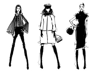 Fashion models silhouettes sketch hand drawn , vector illustration. Elegance. Monochrome. Girl in the black dress