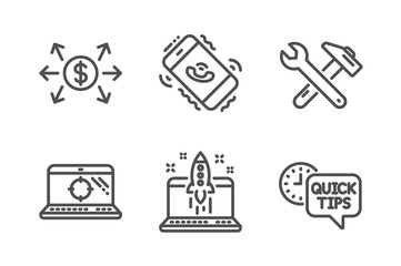 Dollar exchange, Start business and Seo laptop icons simple set. Call center, Spanner tool and Quick tips signs. Payment, Launch idea. Technology set. Line dollar exchange icon. Editable stroke