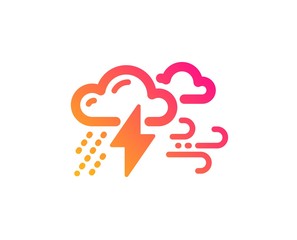 Clouds with raindrops, lightning, wind icon. Bad weather sign. Classic flat style. Gradient bad weather icon. Vector