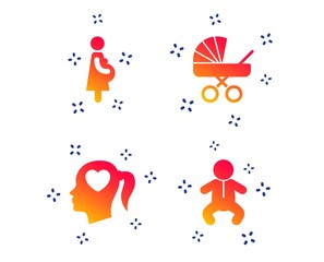 Fototapeta premium Maternity icons. Baby infant, pregnancy and buggy signs. Baby carriage pram stroller symbols. Head with heart. Random dynamic shapes. Gradient pregnancy icon. Vector