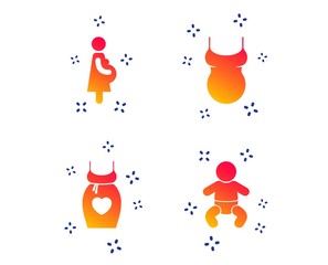 Maternity icons. Baby infant, pregnancy and shirt signs. Dress with heart symbol. Random dynamic shapes. Gradient pregnancy icon. Vector