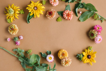 Naklejka na ściany i meble flower arrangement flat lay with summer flowers